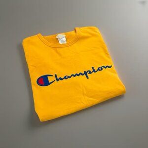 Vintage Champion Script T Shirt Size M 90s USA Made Single Stitch Yellow